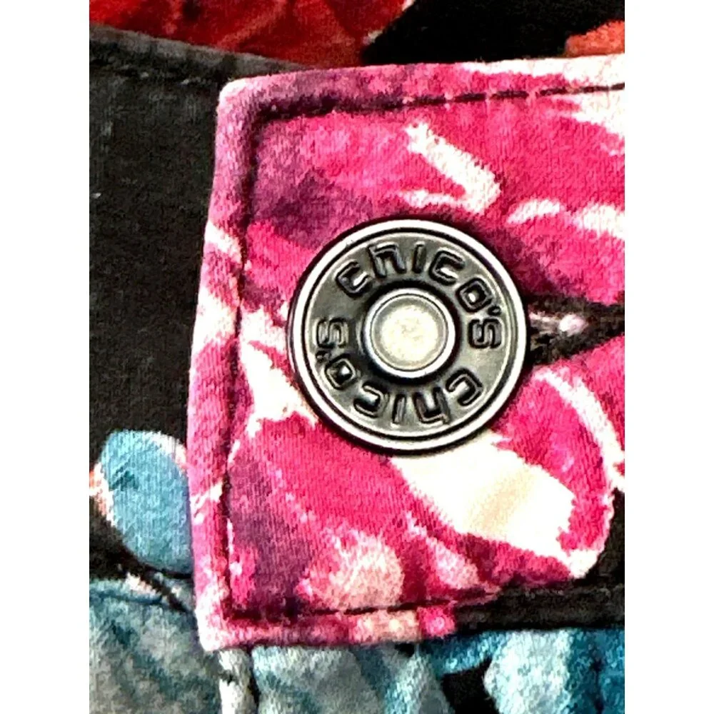 Chicos Floral Skinny Jeggings Pants Ankle Black Red Vibrant Roses Stretch Size 4 - Picture 6 of 13